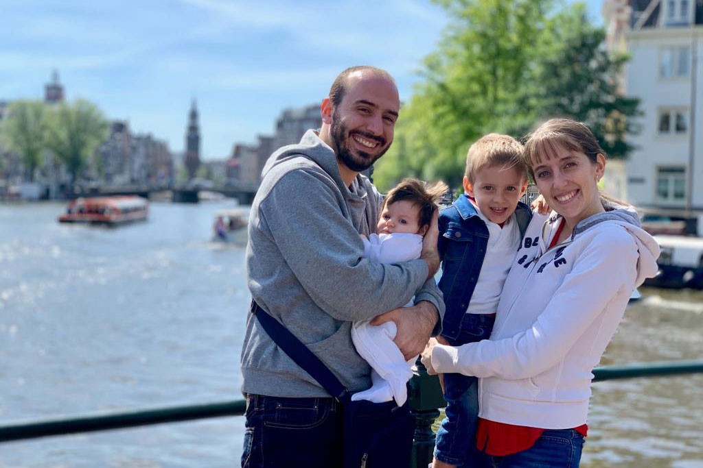 Samuele Crespi, left, with his two children, and wife Maria Cristina Baglio.