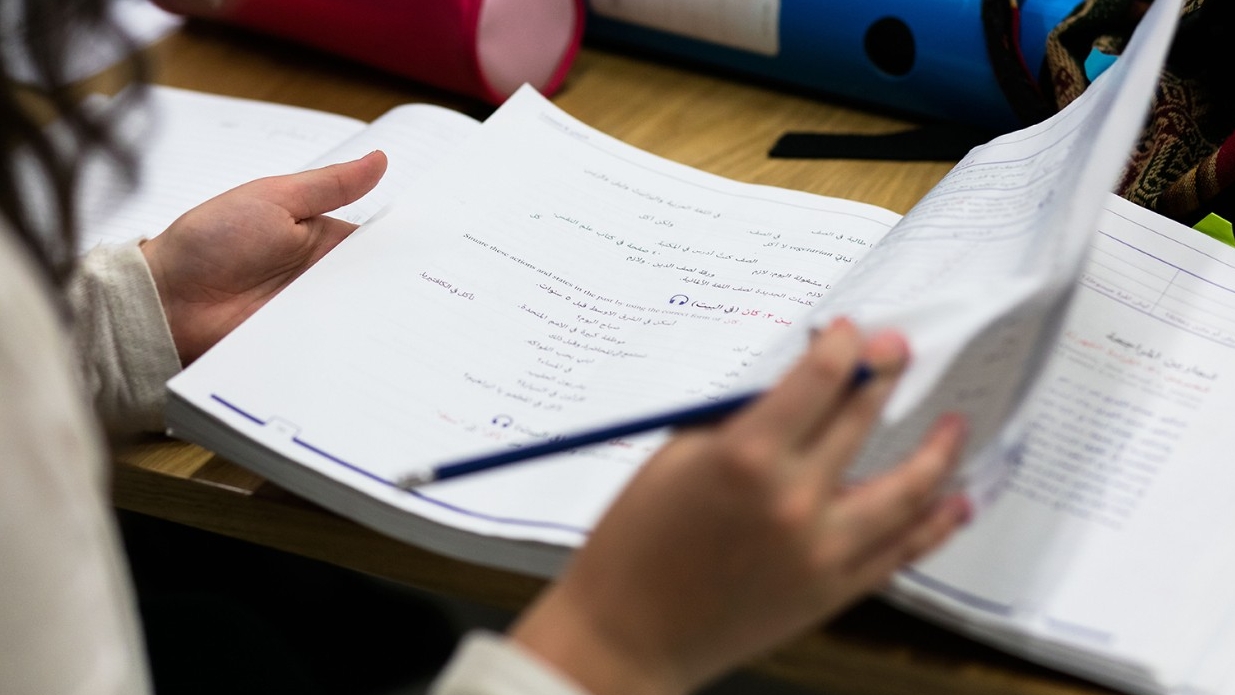Students take professor Dris Soulaimani's elementary Arabic class at the NYU Abu Dhabi campus on Saadiyat Island in Abu Dhabi. 
